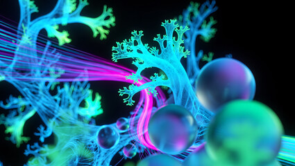 Abstract Neon Fractal: Glowing Cyan Branches, Spheres, and Light Streaks; Futuristic, Energetic Design.