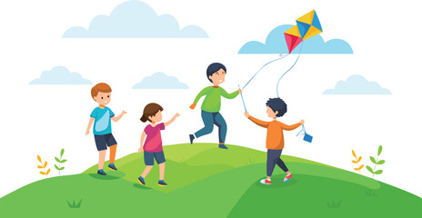 Children joyfully flying a colorful kite on a grassy hill under a clear blue sky.