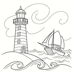 A charming black and white line art illustration of a lighthouse standing tall on a hill overlooking a sailboat navigating the wavy ocean under a cloudy sky