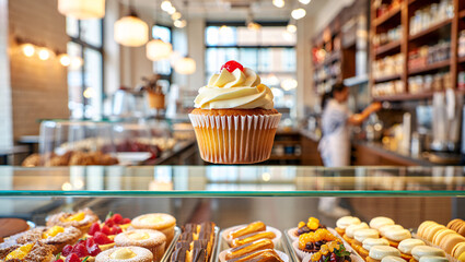 Vanilla Cupcake with Cherry Topping, Floating Above Pastry Display in Modern Bakery