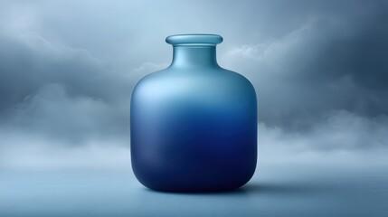 Artisan hand-blown glass bottle, floating on misty backdrop, organic asymmetrical shape, ethereal backlight, frosted clear and cobalt, minimal style, clean presentation, studio mockup, product