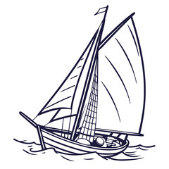 A classic sailboat with full sails glides across the water creating gentle waves depicted in a clean and simple line art style