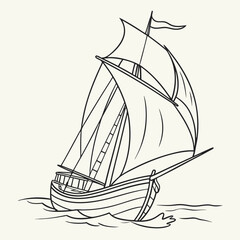 A classic sailing ship with full sails glides across the ocean waves in a simple elegant black and white line drawing illustration