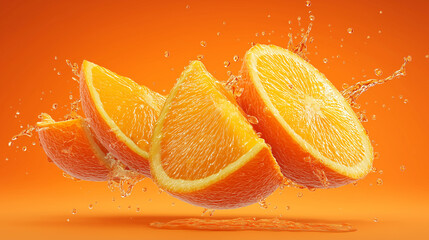 Orange slices splashing in water on vibrant orange background
