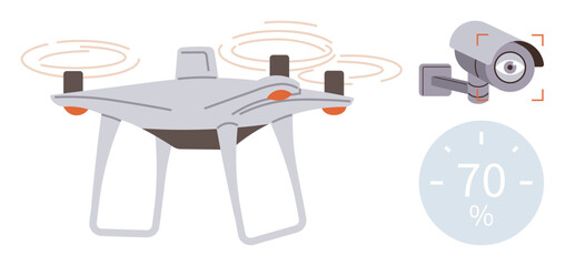 Flying quadcopter with four propellers alongside modern security camera. Includes 70 battery life display. Ideal for technology, surveillance, security, innovation, automation, monitoring, and