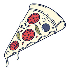 A delicious slice of pizza with melted cheese pepperoni tomatoes olives mushrooms and basil leaves presented in a fun cartoon style