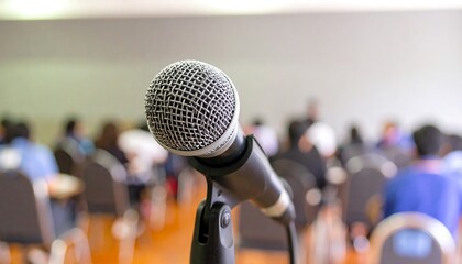 Close-up of microphone, audience blurred