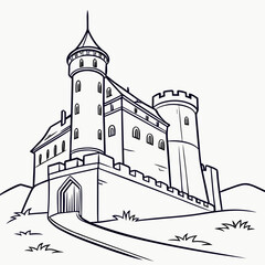 A majestic medieval castle with tall towers and a fortified wall stands proudly on a hill depicted in a clean and classic black and white line drawing style