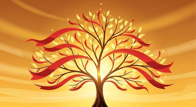 A radiant tree of life with golden leaves and flowing red ribbons against a warm, glowing sky. - Powered by Adobe