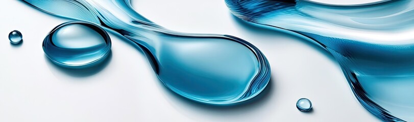 Blue liquid drops and streams on white background