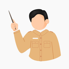 Flat cartoon character of Indonesian male teacher in school uniform with teaching gesture