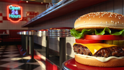 Juicy Cheeseburger in Retro Diner Setting:  Appetizing Stock Photo of Classic American Food.