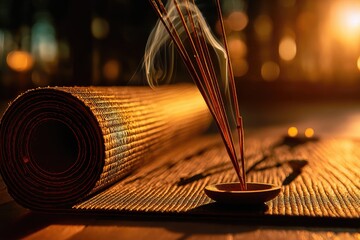 Rolled yoga mat with incense sticks