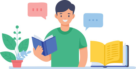 A man reads a book, sharing thoughts with a friend beside him.