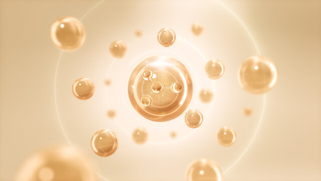 Golden Molecule Collagen Skin Serum and Vitamin on background, Skin care cosmetic concept, 3D rendering