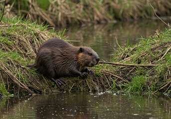 Cute and fat beaver building dam, wet fur side view.