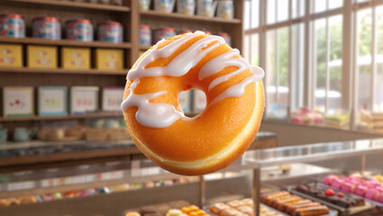 Delicious Orange Donut with White Icing, Floating in a Cozy Bakery Setting