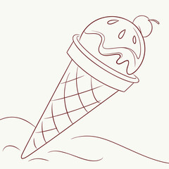 A simple line drawing of a delicious ice cream cone with a cherry on top presented in a minimalist style with a light background