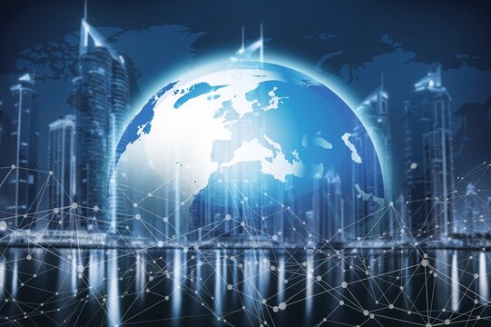 Digital globe hologram and modern city background - Powered by Adobe