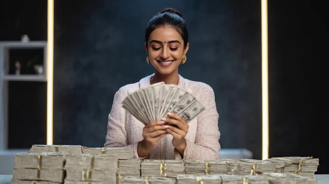 Indian woman holding a stack of cash money bills smiling