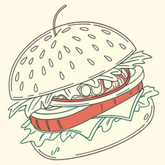 A stylized line art illustration of a delicious hamburger with sesame seeds on the bun lettuce tomato cheese and a patty presented on a simple plate