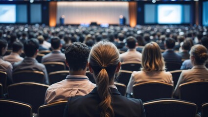 Round table discussion at business convention and Presentation. Audience at the conference hall. Business and entrepreneurship symposium