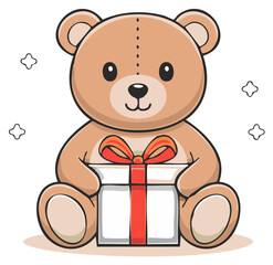 Obraz premium Cartoon teddy bear character holding gift box with ribbon and stars, illustration for children's holiday celebrations