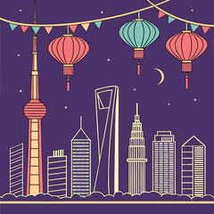 A vibrant illustration of the shanghai skyline at night featuring iconic buildings and traditional chinese lanterns strung across a starry purple sky with a crescent moon