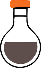 A simple cartoon drawing of a laboratory flask with an orange stopper filled with a dark liquid symbolizing science experimentation and chemical research