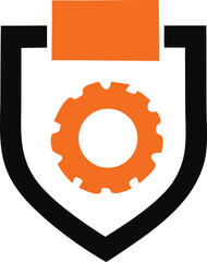 Shield with orange gear and stripes symbolizing security industrial protection and mechanical engineering innovation