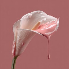 Pale pink paint drips from a white Calla lily