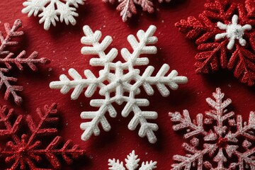 Christmas snowflakes, red and white, on crimson background