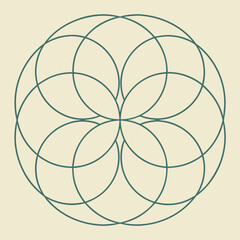 Abstract geometric pattern featuring overlapping teal circles forming a symmetrical floral or star like design on a muted cream background