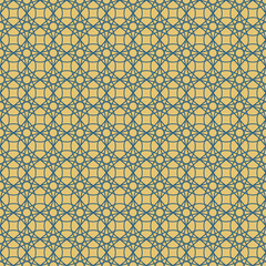 Geometric Pattern of Intersecting Circles and Squares in Blue and Mustard Yellow