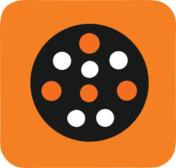 Retro film reel icon with orange border and black center circle featuring white and orange dots for digital media and video projects