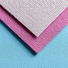 Three textured fabrics, light pink, rose, and deep pink, layered on a light blue surface
