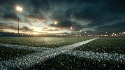 Empty soccer field sunset dramatic lighting