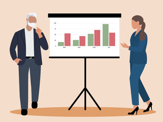 Two business people, man and woman,  standing next to a flip chart displaying a bar graph, discussing data or a business strategy
