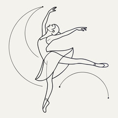 Elegant line art illustration of a graceful ballerina in a dynamic pose with flowing lines and abstract curves suggesting movement and artistry against a neutral background
