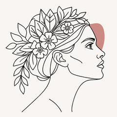 Elegant line art profile of a woman adorned with flowers and leaves in her hair set against a minimalist backdrop with a soft blush accent
