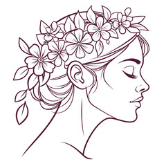 Elegant line art illustration of a woman s profile adorned with a delicate floral crown symbolizing beauty nature and serenity