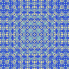 Fototapeta premium Seamless Geometric Pattern of Blue and Yellow Intersecting Circles and Squares, Abstract Background for Design and Decor