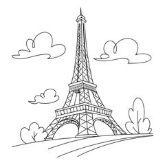 Simple black and white line drawing of the iconic eiffel tower in paris france with stylized clouds and bushes against a white background