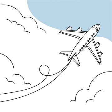 Simple line art airplane flying through clouds with a blue sky background and a looping contrail