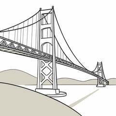 Stylized line drawing of the golden gate bridge in san francisco california showcasing its iconic towers and suspension cables against a minimalist landscape and water