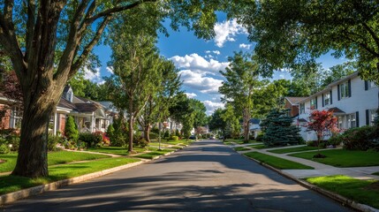 A scenic street lined with trees and houses under a blue cloudy sky. Show the peaceful life and the american dream of homeownership.