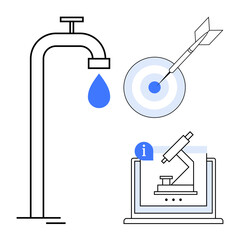 Water drop from faucet, dart on target, laptop displaying microscope relate to precision, research, problem-solving, water conservation, goal setting, education and sustainability. Ideal