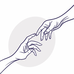 Two elegant hands reaching out to touch fingertips in a minimalist line art style symbolizing connection unity and divine creation against a soft circular background