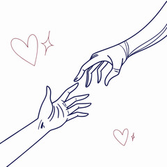 Two hands reaching out to touch symbolizing connection love and support with subtle hearts and sparkles adding a touch of magic and romance