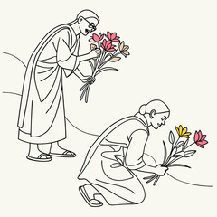 Two figures in traditional robes tending to flowers one standing and smelling the bouquet the other kneeling and gathering blooms symbolizing nature and care